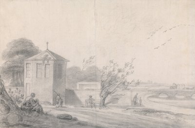 Rivierscène met figuren, zeshoekig gebouw links en paard-en-wagen die brug oversteekt rechts door Richard Wilson